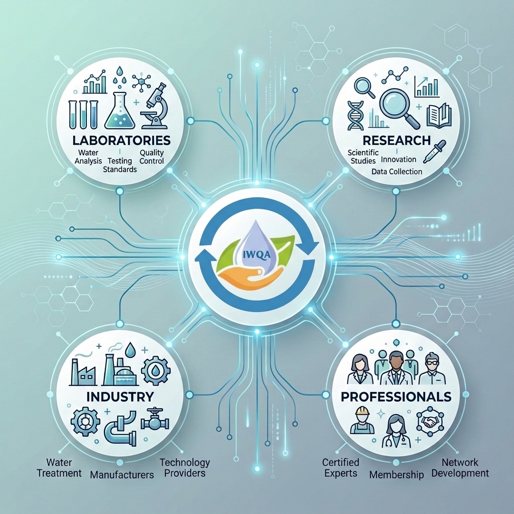 Coordinated IWQA Network connecting laboratories, research, industry, and professionals with the central IWQA logo